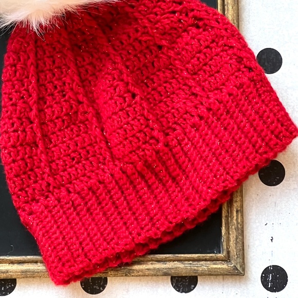 Hand-Crocheted Red Winter Beanie Hat & Waffle-Stitch Scarf Set - Picture 12 of 13